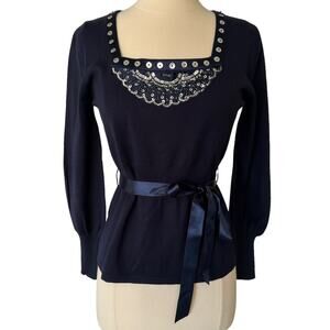L’orfeo Paris Mulberry Silk Blue Beaded Pullover Sweater w Waist Tie Sz 10 / M